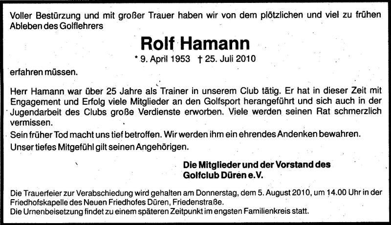 Nachruf PGA Professional Rolf Hamann Am 25.07.