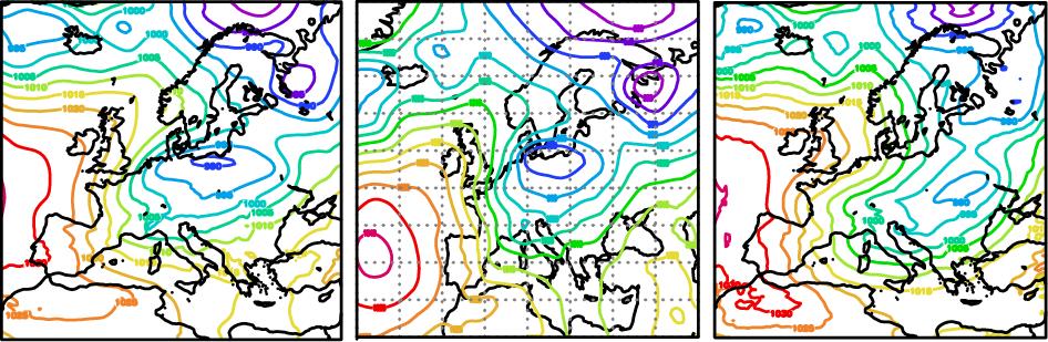 Links mit Spectral Nudging, rechts ohne Spectal Nudging, mitte: NCEP Re- Analyse. 3.2 Auswirkungen einer veränderten Zyklonenverlagerungsgeschwindigkeit Am Beispiel der Sturmflut vom 04.11.