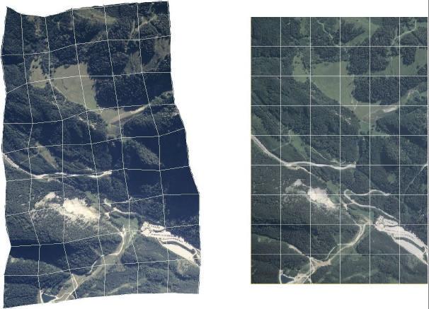 Abb 1: Original Luftbild Abb 2: Orthophoto verzerrtes Raster im Luftbild (Zantralprojektion) quadratisches Raster im Orthofoto (Orthogonalprojektion) Unter Verwendung eines digitalen Höhenmodells