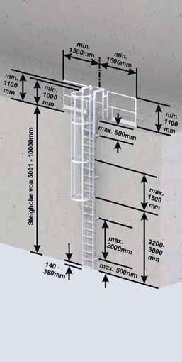 Steigleit Steigleitern Ein- und mehrzügige Steigleitern mit Rückenschutz nach DIN 18799-1 Ortsfeste Steigleitern an baulicher Anlage Bitte beachten Sie Ab 5 m Absturzhöhe muss, soweit baulich