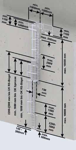 können die Leiternteile höher geführt werden An ungesicherten Ausstiegsstellen sind beidseitig zur Steigleiter angebrachte Geländer erforderlich, siehe EN ISO14122-4 Wenn die Spaltgröße am Ausstieg
