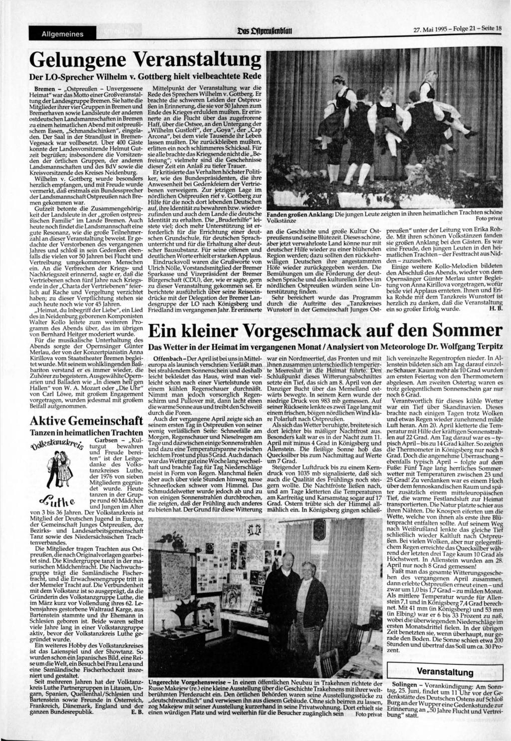 Allgemeines I^as >frprrußntbfaii 27. Mai 1995 - Folge 21 - Seite 18 Gelungene Veranstaltung Der LO-Sprecher Wilhelm v.