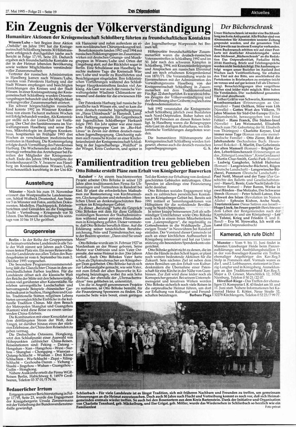 27. Mai 1995 - Folge 21 - Seite 19 >os flprrufimbfaii Aktuelles ; V I ' >«WAS Ein Zeugnis der Völkerverständigung Humanitäre Aktionen der Kreisgemeinschaft Schloßberg führten zu freundschaftlichen