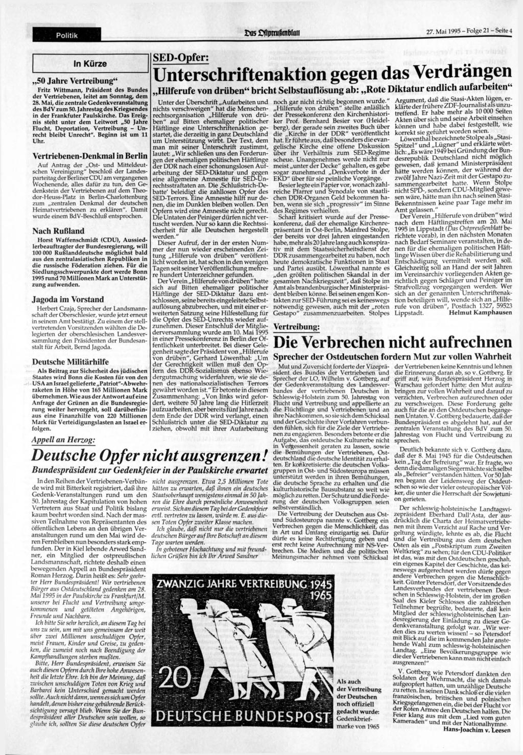 Politik ttk flpraißmwaii 27. Mai 1995 - Folge 21 - Seite 4 In Kürze 50 Jahre Vertreibung" Fritz Wittmann, Präsident des Bundes der Vertriebenen, leitet am Sonntag, dem 28.