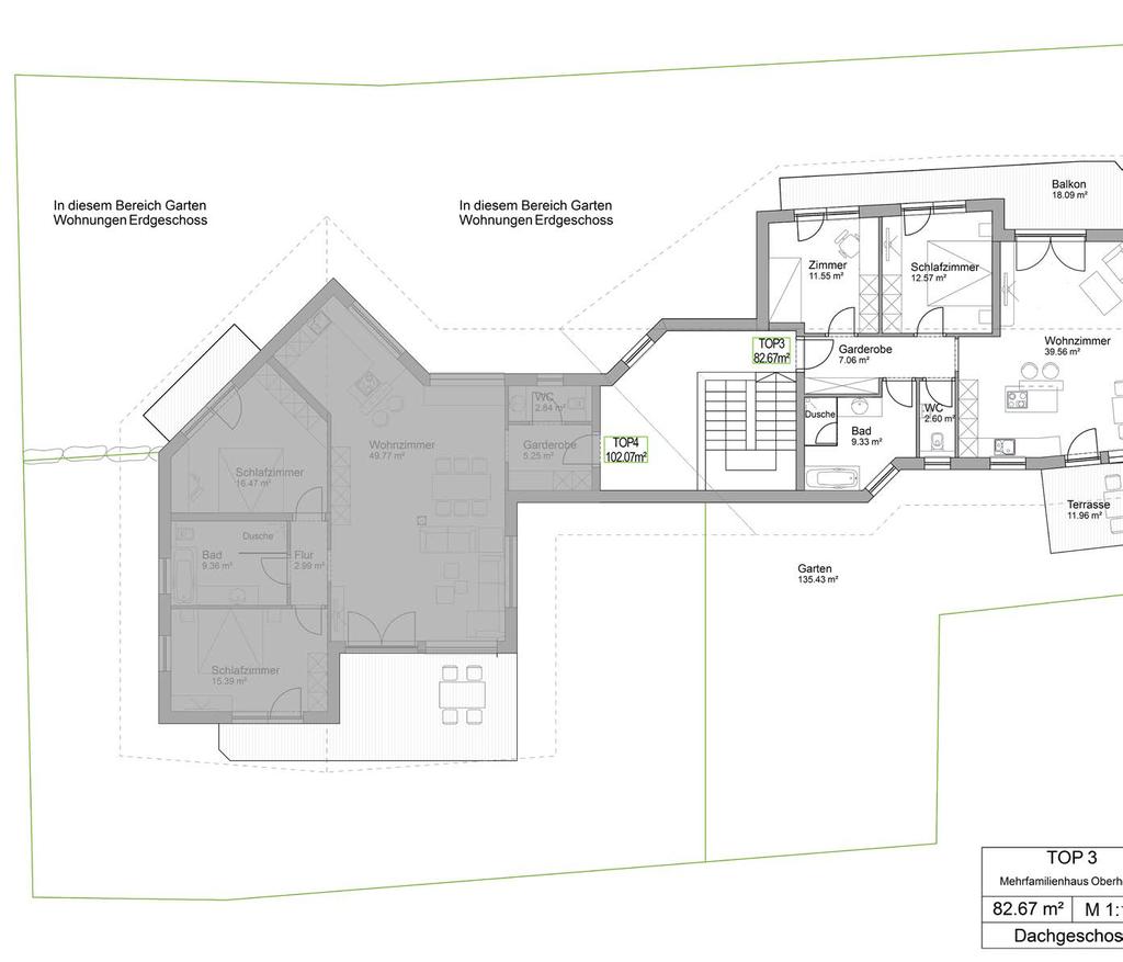 Top 3 Dachgeschoßwohnung Top 3 Dachgeschoßwohnung Die im K-Stil mit offenem Dachstuhl ausgeführte 3-Zimmerwohnung hat eine Wohnnutzfläche von 83 m 2 und besteht aus: Einer Garderobe, zwei