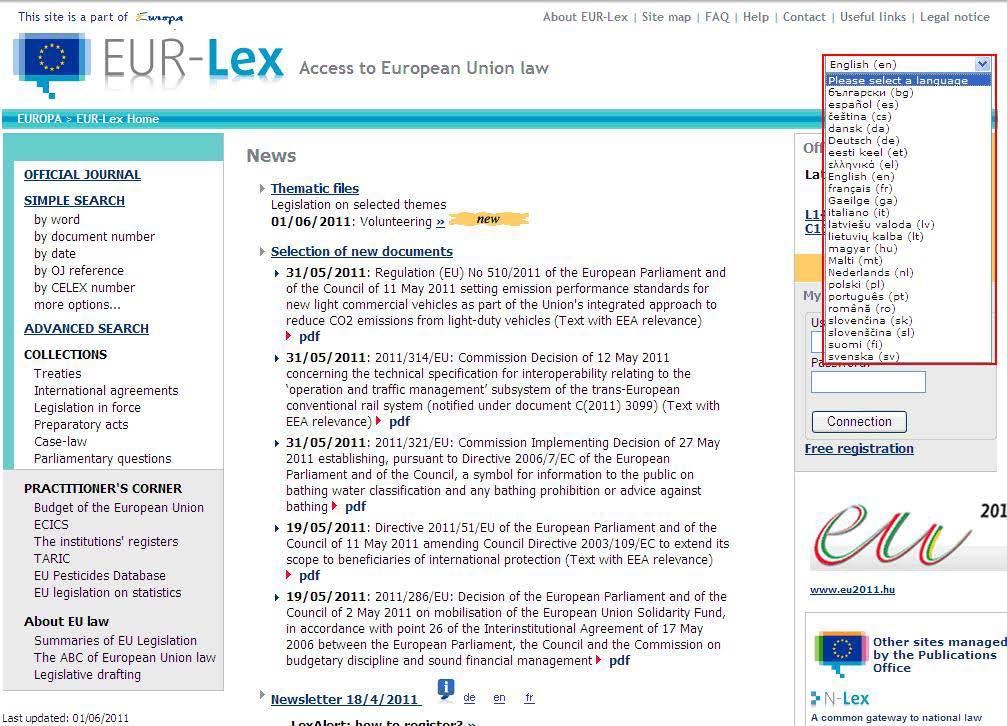 IV.5. Gesetzgebung Das Menü Gesetzgebung leitet TRACES-Benutzer zur Willkommensseite von EUR-Lex, der