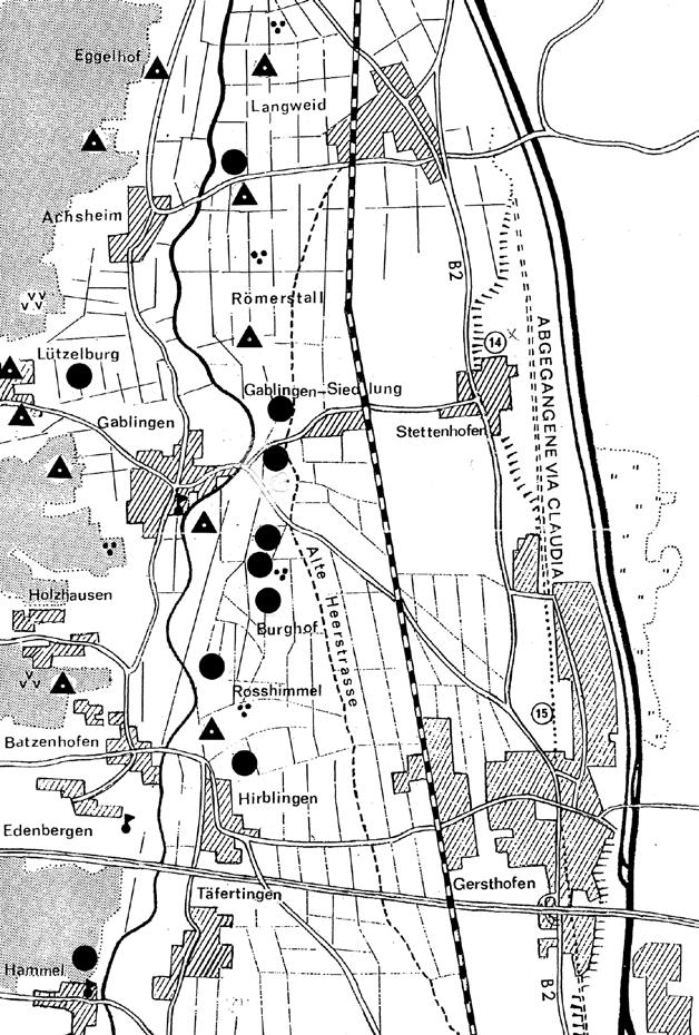 Karte Karte 2 Gablingen, Flurkarte römische Fundstellen km m Übersicht der Fundstellen vor- und