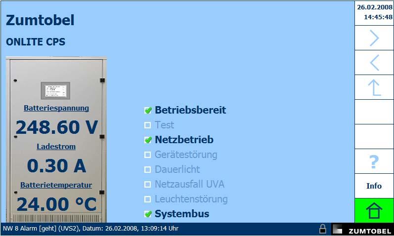 10 3 Bedenung Das Zentralbatteresystem ONLITE central CPS wrd über das Touchpanel menügeführt bedent. Sämtlche Meldungen (System-, Status- und Fehlermeldungen) der Steuerung werden am Dsplay angezegt.