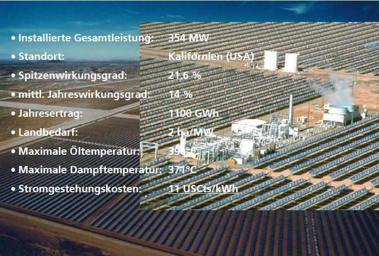 Ausgewähltes Beispiel Parabolrinnenkraftwerk in Kalifornien (USA) Der kommerzielle Betrieb begann 1984 in den USA.