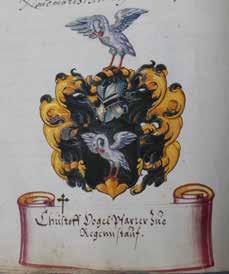 Wappen Christoph Vogels und Matthäus Stangs, 1600 von Pfalzgraf Philipp Ludwig verliehen (Archiv des Historischen Vereins Neuburg, Inv. Nr. 1507, fol.