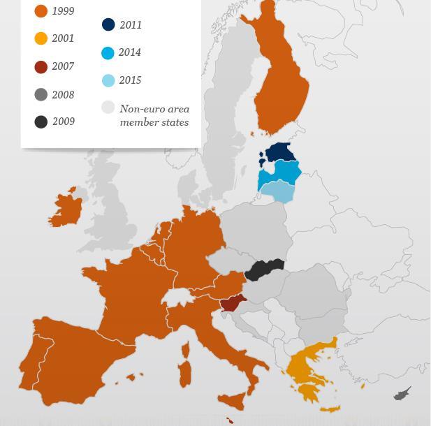 Die Eurozone heute Datum des Beitritts zur Währungsunion EU: 28 Mitgliedstaaten Eurozone: 19 Mitgliedstaaten Hilfsprogramme für Mitgliedstaaten der Eurozone: Mitgliedstaat Beginn Ende