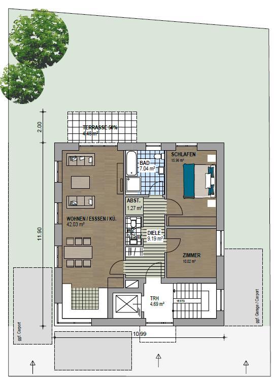 Wohnung 1 im Erdgeschoss Grundriss und Wohn-/Nutzflächen 3 Zimmer-Wohnung : Wohnen/ Essen/ Kochen Schlafen Zimmer Bad WC
