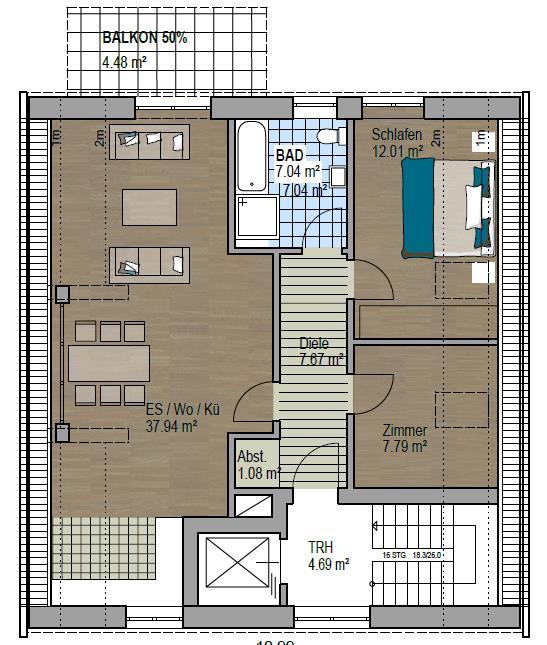 Wohnung 3 im Dachgeschoss Grundriss und Wohn-/Nutzflächen 3 Zimmer-Wohnung : Wohnen/ Essen/ Kochen
