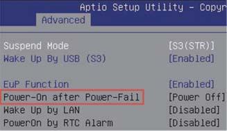 Einschalten nach Stromausfall Im BIOS-Setup unter "Power Management Configuration" befindet sich die Funktion "Power-On after Power Fail", womit definiert wird wie der PC nach einem Stromausfall