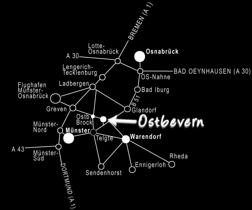 Gut angebunden Autobahnen: Bundesstraße: B 51 13 km zur A 1 (eigene Autobahnabfahrt) 32 km zur A 30 40 km zur A 2 Münster Auto: Bahn: Osnabrück Auto: Bahn: 20 km oder 30 Minuten bis ins Zentrum 13