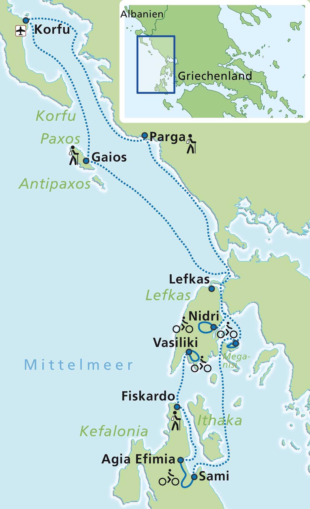 schließen 1. Tag (Sa) Insel Korfu (Einschiffung) Individuelle Anreise nach Korfu und Sammeltransfer vom Flughafen zum Schiff. Ab 14 Uhr können Sie auf der Panagiota einchecken.