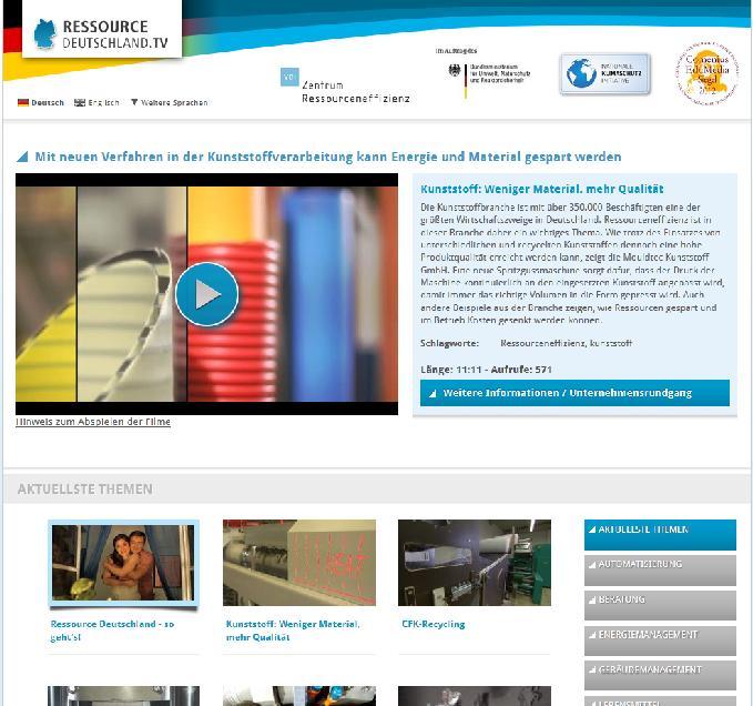 Webvideomagazin Regelmäßige Veröffentlichung von Kurzfilmen > 50 Gute-Praxis-Beispiele und thematische Schwerpunkte für Ressourceneffizienz, insbesondere in KMU (ohne englische Versionen) RE-Prozesse
