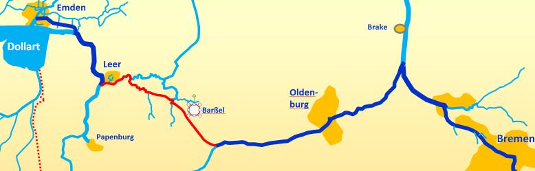 Der Weg von der Weser zum Dollart Route über die Ems Geschw Gewässer Distanz ((Km).