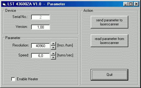 Software Parameter an Laserscanner übertragen Parameter aus Laserscanner auslesen Parameterfenster schließen Bild 12 Parametrierung des Laserscanners Serial No.