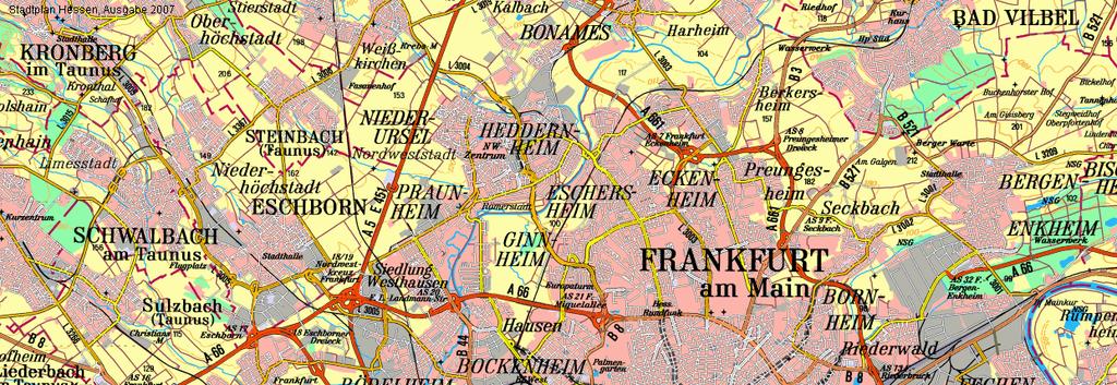 3.1.1.2 Frankfurt am Main In Frankfurt am Main befinden sich eine temporäre und drei dauerhafte stationäre Luftmessstationen. Kartengrundlage: Hess.