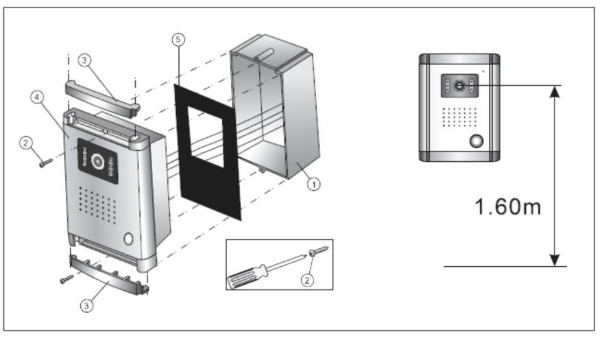 Schrauben Sie die Außeneinheit an den Montagebox. Vergessen Sie nicht das wasserbeständige Isolationselement rund um das Kamera und den Montagebox. (3) 5.