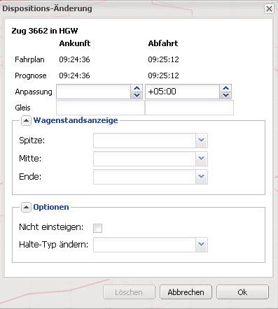 Klick mit rechter Maustaste auf Kreuzungspunkt einer Station (X) Klick auf Feld Zug Nr. in Station anpassen. Es öffnet sich das Eingabefeld x npassungen für nkunfts-/bfahrtszeit vornehmen.