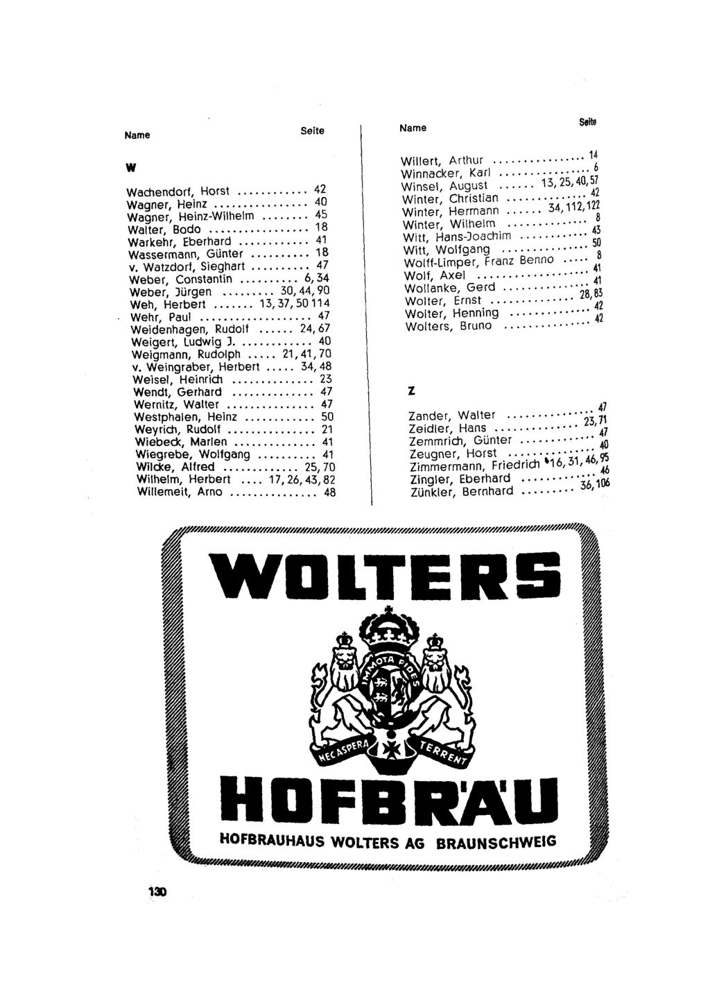 Name Seite Name Seite w Wachendor!, Horst... 42 Wagner, Heinz... 40 Wagner, Heinz-Wilhelm... 45 Walter, Bada..... 18 Warkehr, Eberhard... 41 Wassermann, Günter.... 18 v. Watzdarf, Sieghart.