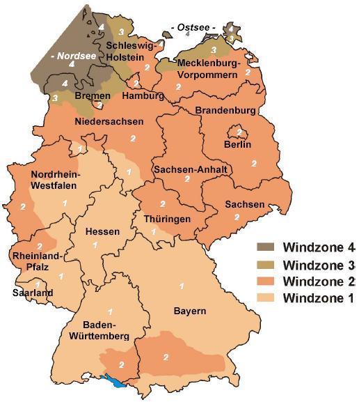 Windsogeinwirkung DIN EN 1991-1-4 Quelle: Wikipedia Windzonen In die Ermittlung der Winddruck- u.