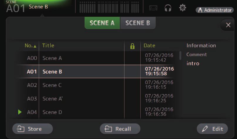 Werkzeugleiste SCENE-Bildschirm Ermöglicht Ihnen, zuvor gespeicherte Mischpult-Setups bzw. Scenes zu verwalten.