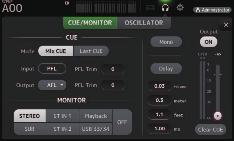 Werkzeugleiste MONITOR-Bildschirm Ermöglicht Ihnen, Cue- und Monitor-Signale zu verwalten und Oszillatoren zu steuern.