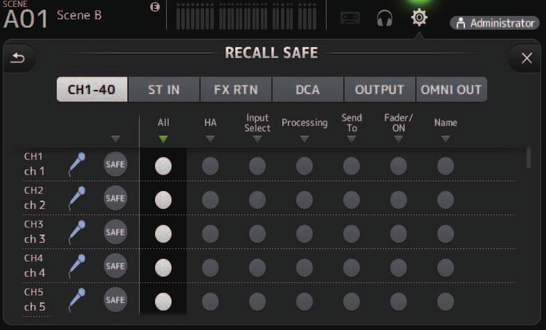 Werkzeugleiste RECALL-SAFE-Bildschirm Ermöglicht Ihnen, zu konfigurieren, welche Elemente beim Abrufen von Scenes und Presets abgerufen werden und welche nicht (d. h., Recall Safe).