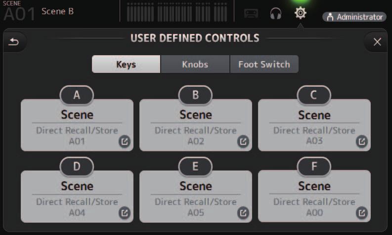 Werkzeugleiste USER-DEFINED-CONTROLS-Bildschirm In diesem Bildschirm können Sie den [USER DEFINED KEYS], den [USER DEFINED KNOBS] und dem Fußschalter Funktionen zuweisen.