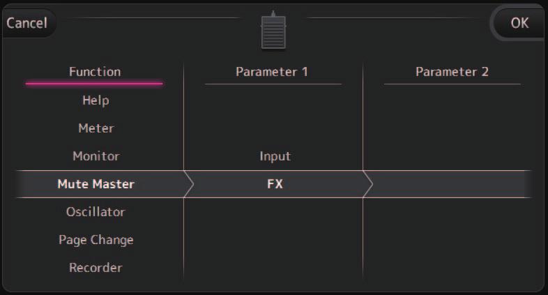Werkzeugleiste FUNKTION PARAMETER 1 PARAMETER 2 Beschreibung CH 1 40, ST IN 1, ST IN 2, FX 1, FX 2, CUE Specific CH DCA 1 8, AUX 1 8, Schaltet Cue für den zu PARAMETER 2 zugewiesenen Kanal ein und