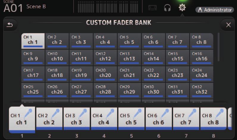 Werkzeugleiste CUSTOM-FADER-BANK-Bildschirm Die Custom-Fader-Bank ermöglicht Ihnen, ungeachtet des Typs (Eingangskanäle, AUX, MATRIX, DCA-Gruppen usw.