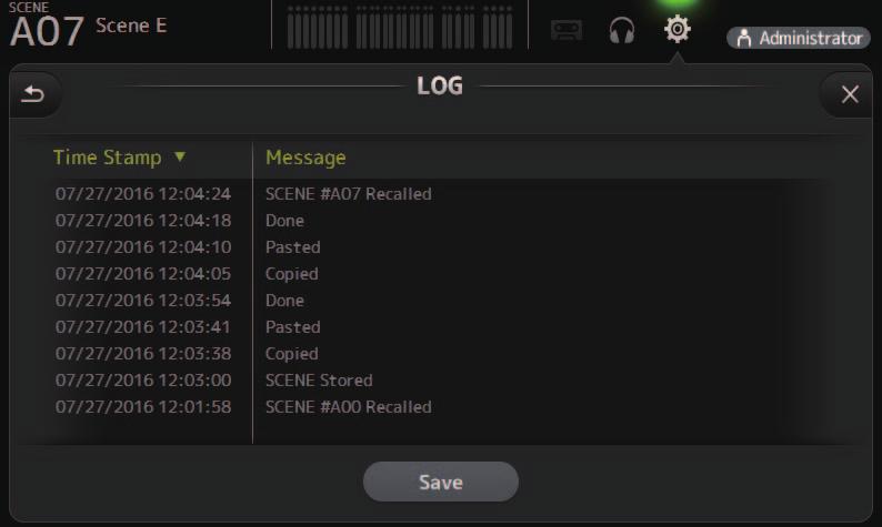 Werkzeugleiste LOG-Bildschirm Wenn während der Verwendung von TF Editor Meldungen angezeigt werden, werden sie nach Datum und Uhrzeit protokolliert und können später auf diesem Bildschirm betrachtet