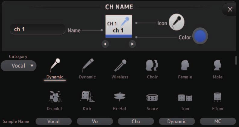 CH-NAME-Bildschirm Ermöglicht Ihnen, Name, Symbol und Farbe des Kanals einzustellen. 1 Name-Textfeld Geben Sie hier den Namen des Kanals ein.