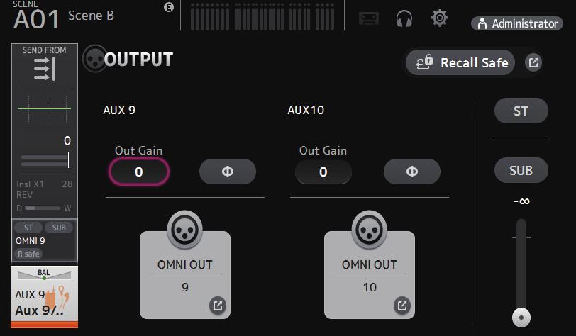 OUTPUT-Bildschirm Ermöglicht Ihnen, die an die Ausgangskanäle (OMNI OUT 1 16) gesendeten Signale auszuwählen.