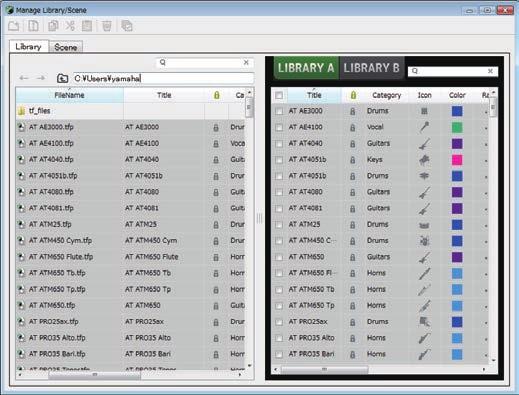 Bildschirme des File-Menüs Bildschirme des File-Menüs Manage Library/Scene-Bildschirm Dieser Bildschirm ermöglicht Ihnen die Verwaltung von Scene-Daten und Library-Daten, die in TF Editor gespeichert