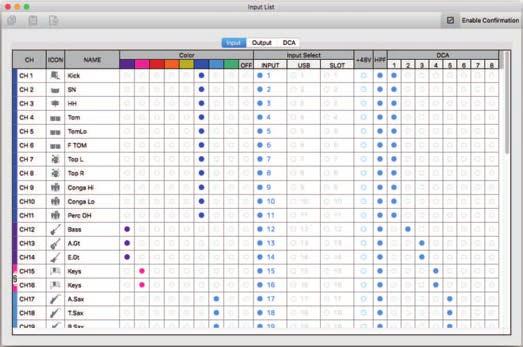 Bildschirme des File-Menüs Input-List-Bildschirm Ermöglicht Ihnen, Ein- und Ausgangskanäle sowie die Namen, Farben, Signale und das Routing der Kanäle von DCA-Gruppen zu betrachten und einzustellen.