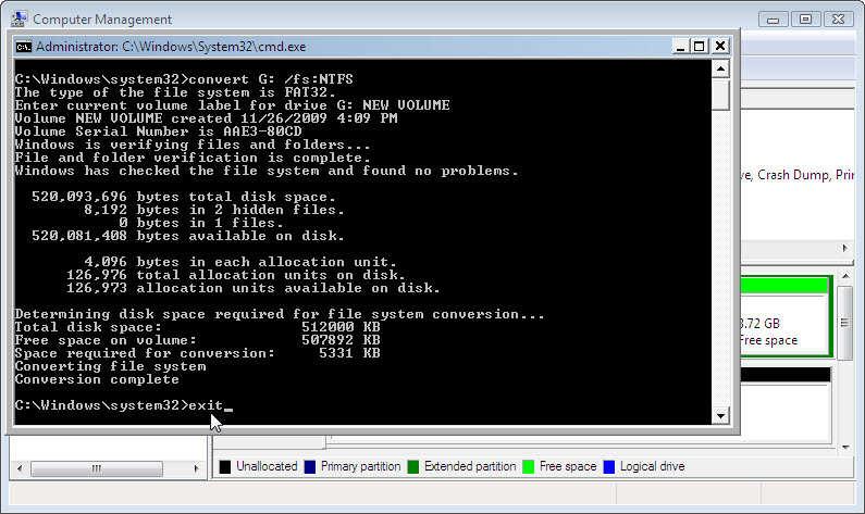 Nachdem das Laufwerk konvertiert ist, geben Sie exitim Fenster"Administrator: C:\Windows\System32\cmd.exe:" ein und drücken Enter.