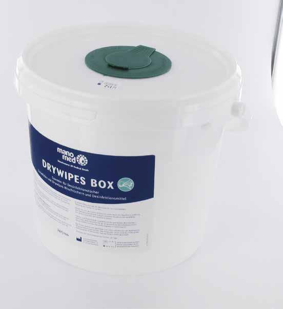 Die Drywipes Box ist ein praktischer Spenderbehälter zur Befüllung mit Drywipes in optimaler Kombination mit manomed Sprühdesinfektion AF (neutral/lemon/ orange).
