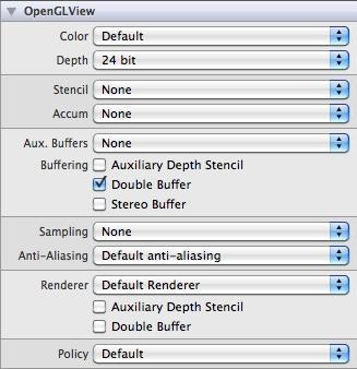 Mac: NSOpenGLView Basisklasse, vereinfacht Verwaltung Erstellt mit Interface Builder Übliche Einstellungen: Double Buffer, Depth,
