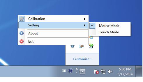 Für Windows (Fortsetzung) Auswahl des Cursor-Betriebsmodus 3) Klicken Sie auf das Symbol SPdriver6 in der Taskleiste und wählen Sie Mouse Mode oder Touch Mode aus dem Pop-up-Dialog Setting.