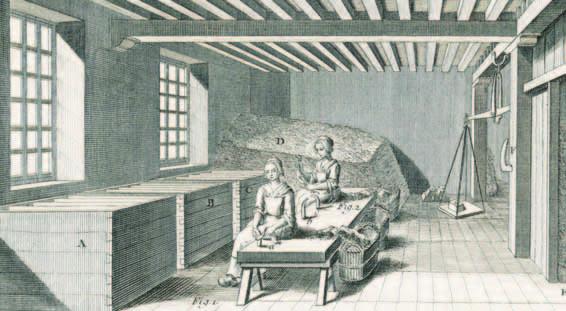 Papier verändert Kultur, Administration und Handel Frauen beim Lumpensortieren in einer französischen Papiermühle. Kupferstich, Mitte des 18. Jahrhunderts.