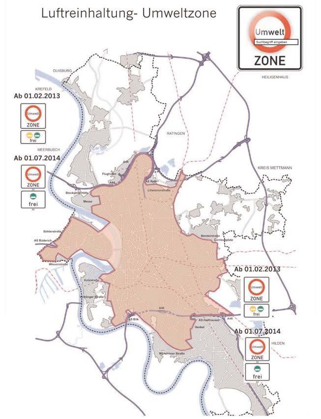 Gebiet der Umweltzone Area of the environmental zone Umweltzone Düsseldorf In der Landeshauptstadt Düsseldorf ist eine Umweltzone eingerichtet, Hier dürfen nur noch Fahrzeuge mit Schadstoffplakette