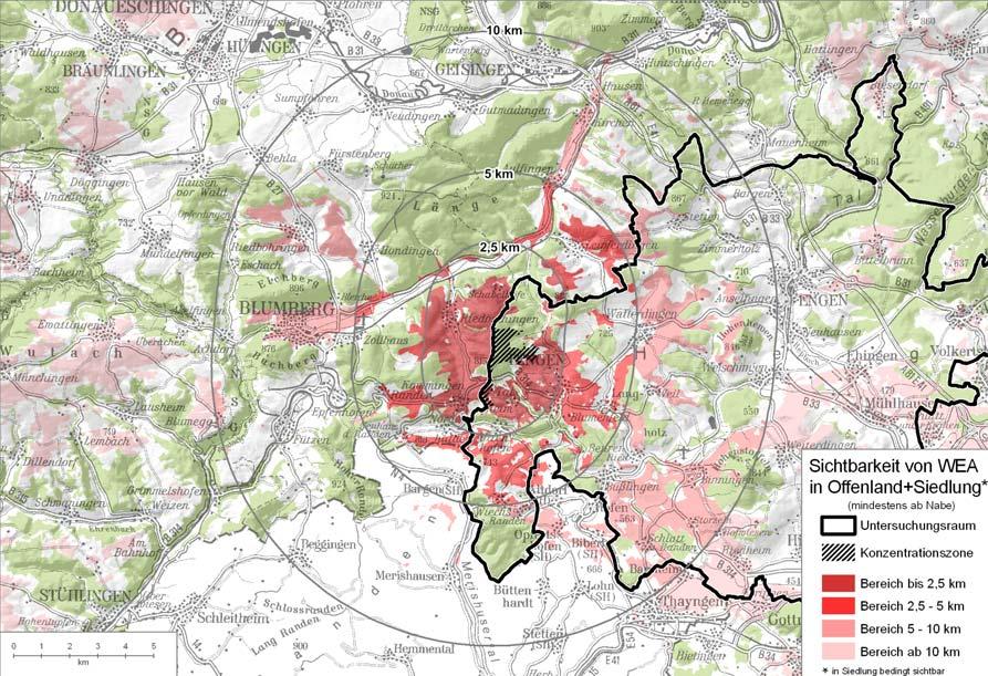 Sichtbarkeit aus Waldgebieten ist nicht dargestellt, da die