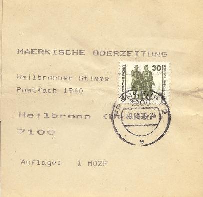 30 Pf als Verrechnungsgebühr im Postbetrieb Übliche Sammlermache: Einschreiben-Postkarte im VGO, Letzttag DDR, Postkarte 30 Pf, Einschreibgebühr 150 Pf.