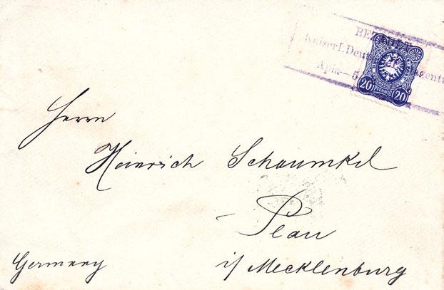 SAMOA 105 11692+ 20 Pfg., Einzelfrankatur auf schönem weißem Brief nach Dtld., klar ausgeprägter violettblauer Aushilfs-Kastenstempel "BEZAHLT Kaiserl.