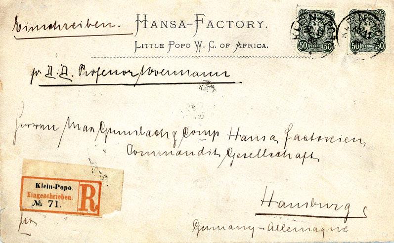 108 TOGO 11697+ 50 Pfg., zwei ausgezeichnete farbfrische Exemplare (eines winz. Aufklebefehler) auf schönem Einschreibebrief der "Hansa-Factory" nach Hamburg, sauber aufges.