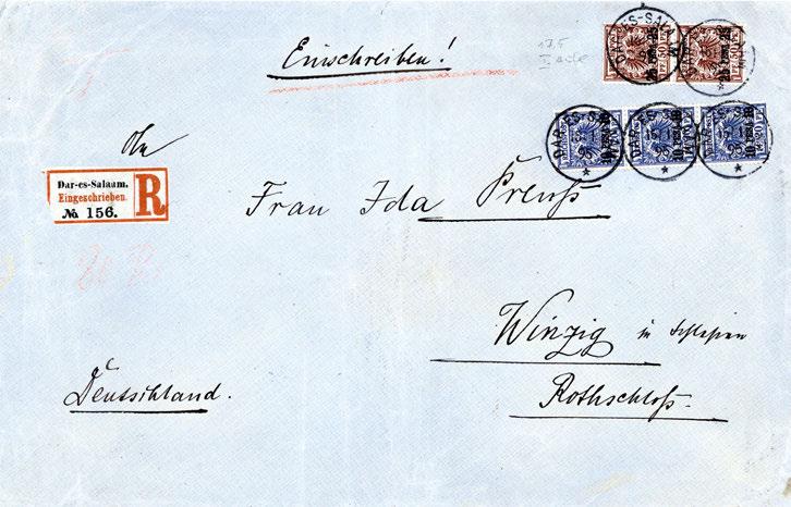DEUTSCH-OSTAFRIKA 45 11575+ Wahehe-Expedition 1894/95: 10 P., senkr. Dreierstreifen und 25 P. im senkr. Paar auf blauem Einschreibekuvert nach Dtld.
